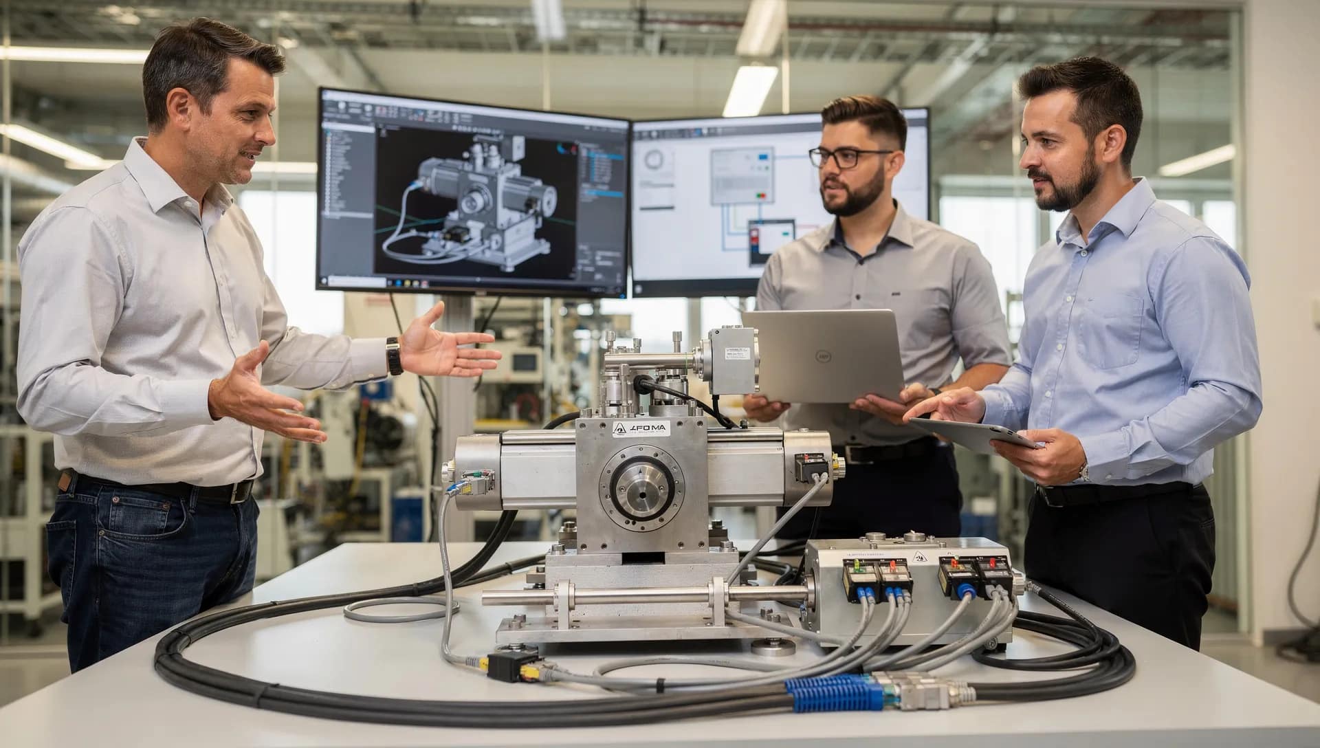 Riunione tecnica tra progettazione, IT/OT e service attorno a una macchina industriale con encoder e cablaggi di rete